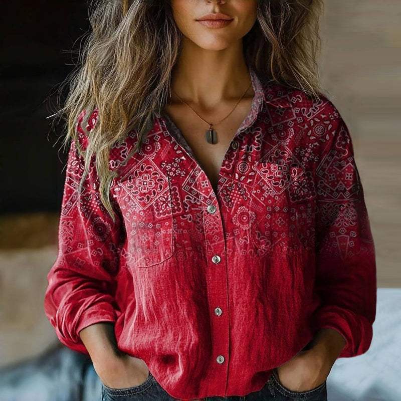 Women's boho print blouse with vintage-inspired pattern. Long sleeve casual fashion shirt for women.
