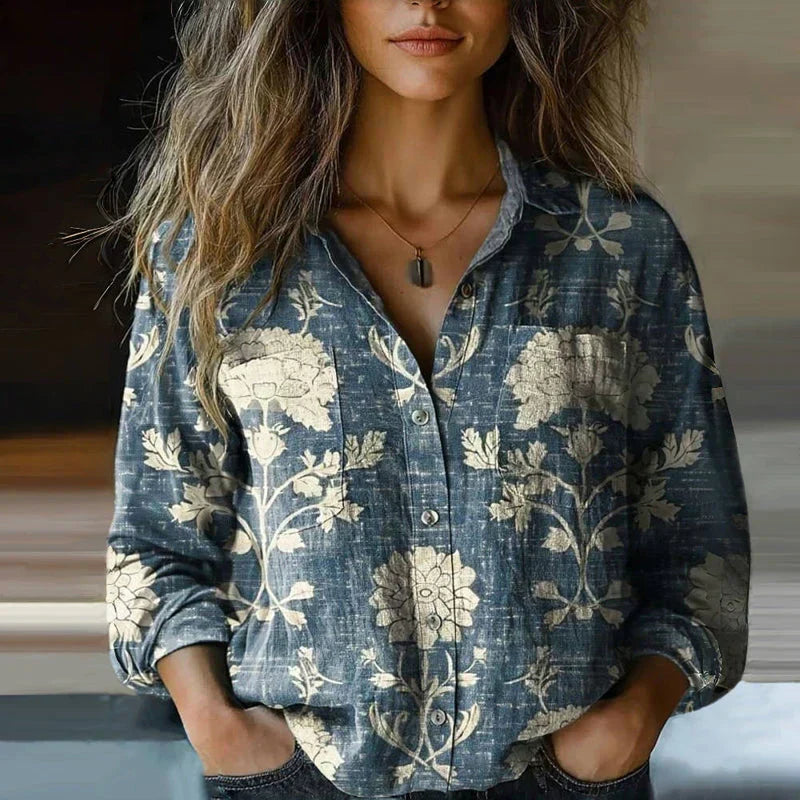Elegant women's boho print blouse, vintage style. Long sleeve patterned shirt, ideal for casual fashion.