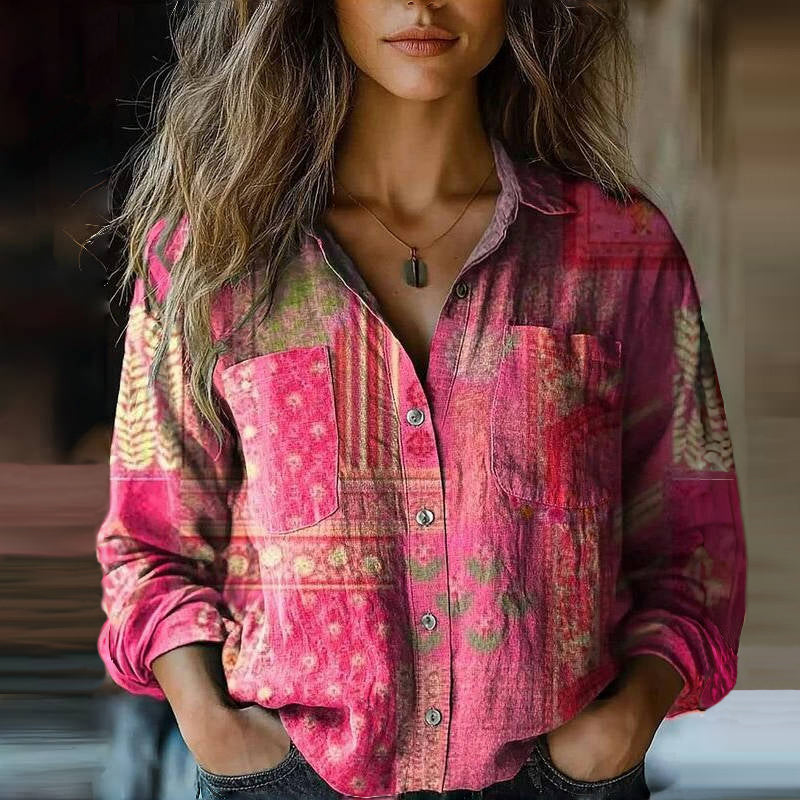 Flowy women's long sleeve boho blouse with a unique vintage print. Comfortable patterned shirt for casual wear.