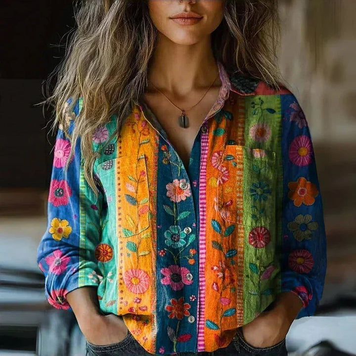 Boho print women's blouse, vintage inspired design. Long sleeve patterned shirt for casual fashion style.