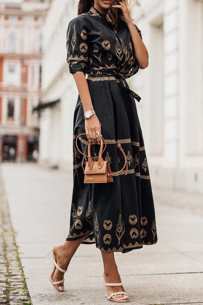 Women's boho print midi dress with self-tie waist, perfect for spring & summer casual elegant wear.