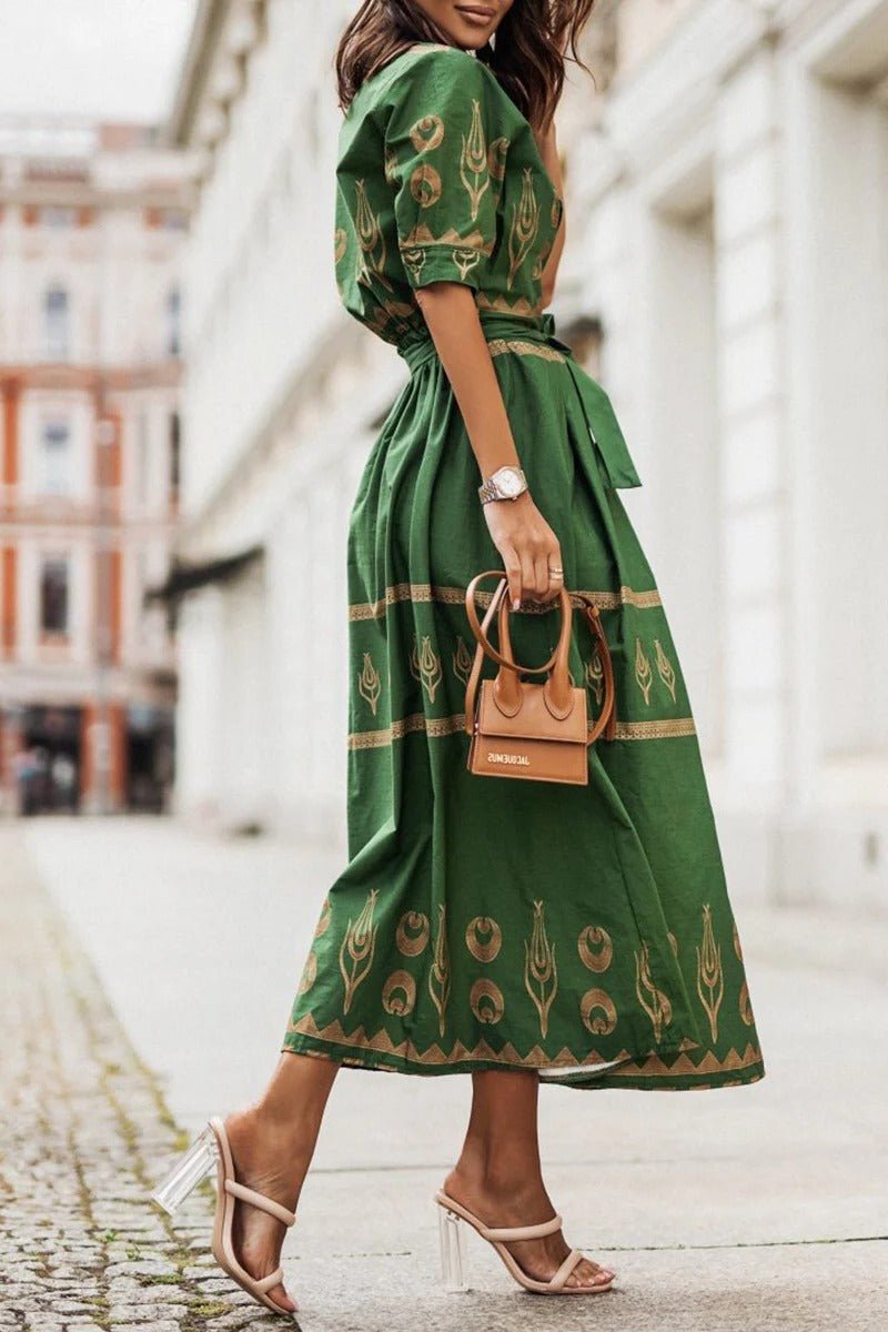 Elegant white boho print midi dress for women, featuring a comfortable 3/4 sleeve & adjustable waist.