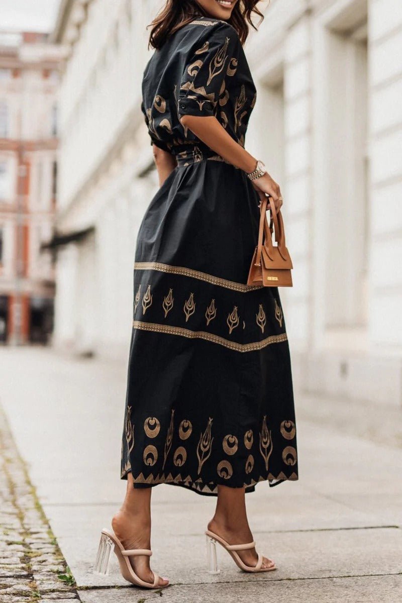 Women's spring/summer boho print midi dress with a self-tie waist, offering comfort & casual style.
