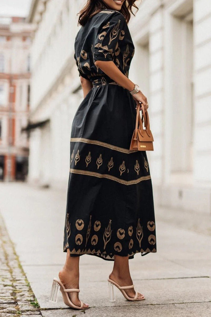 Women's spring/summer boho print midi dress with a self-tie waist, offering comfort & casual style.