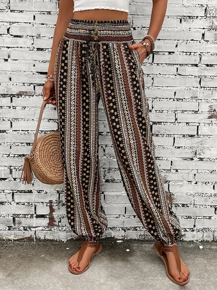 Flowy boho print wide leg pants for women, ideal for spring/summer casual wear, beach trips, or resort fashion.