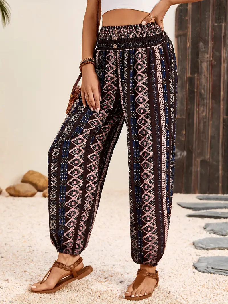 Stylish women's wide leg trousers with a unique boho print & elastic waist, versatile for summer casual or resort wear.