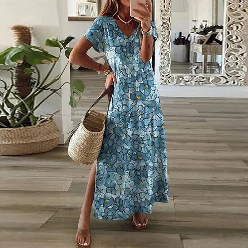 Elegant women's bohemian floral printed long maxi dress, perfect for warm summer days, casual outings & vacation style.