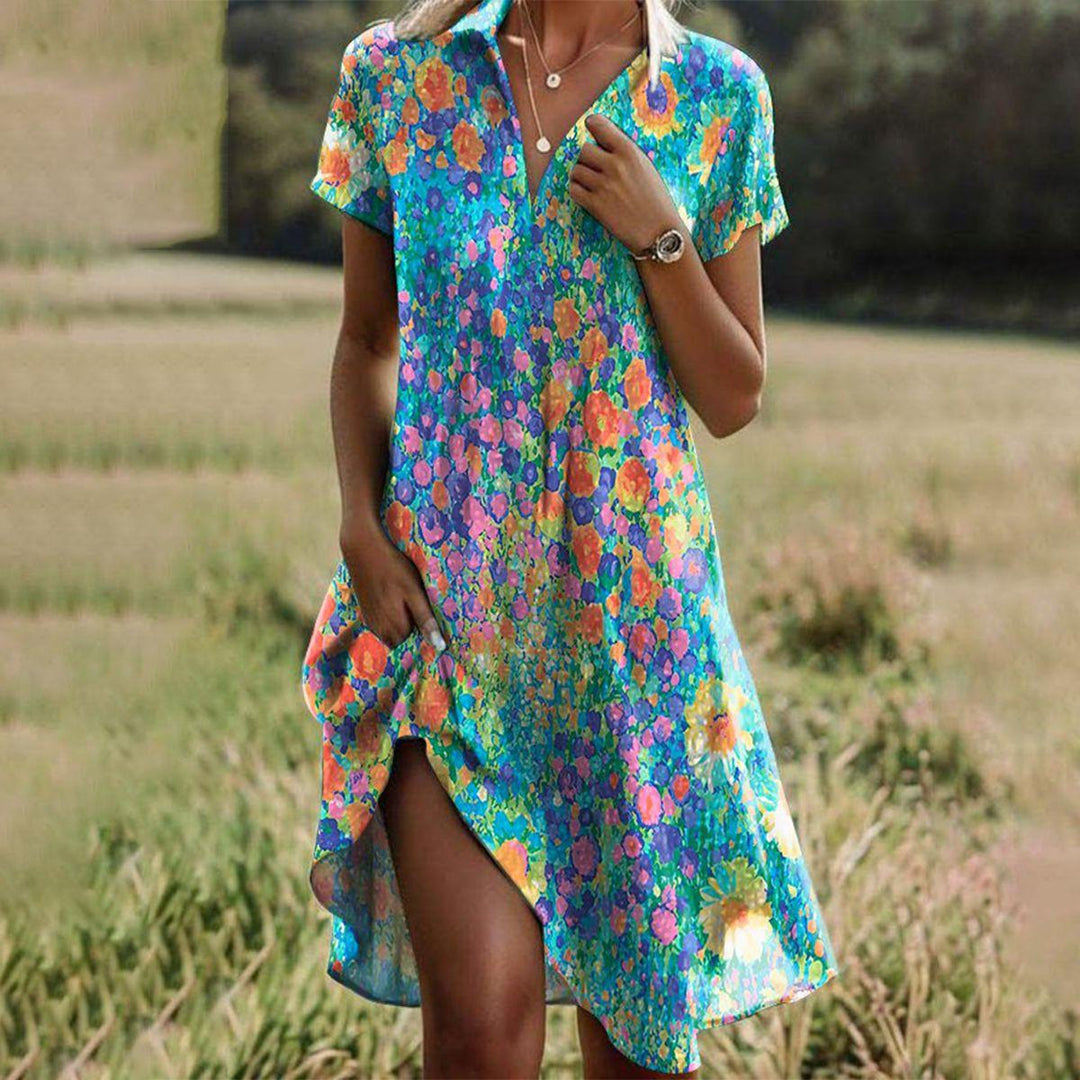 Women's boho printed midi dress, short sleeve, perfect for effortless summer style and vacation wear.