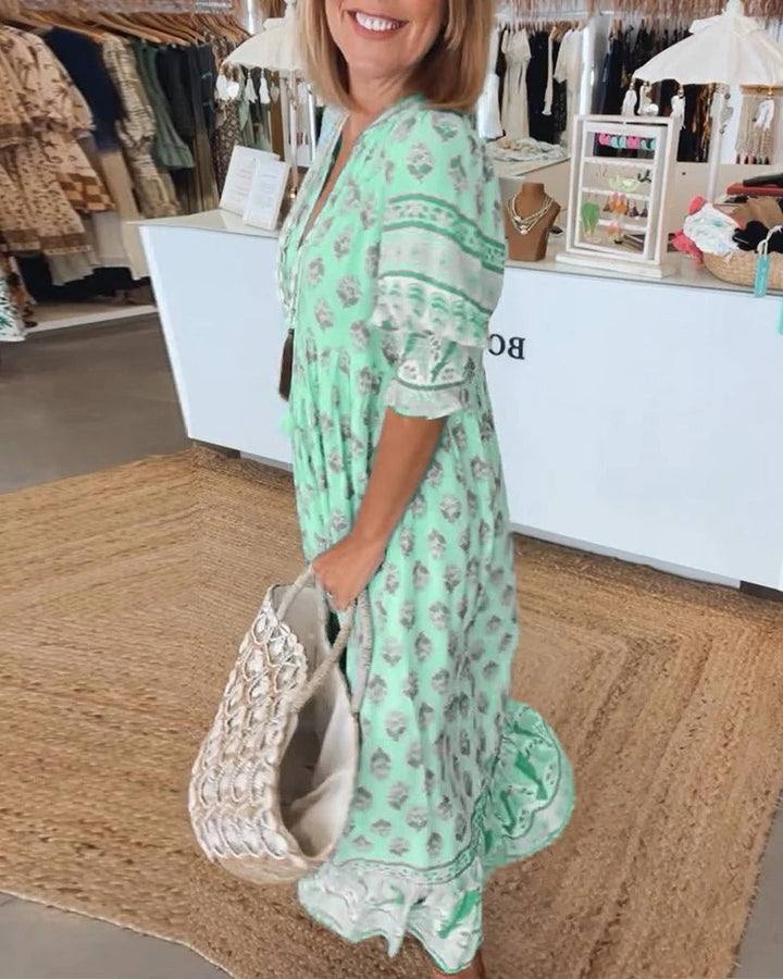 Women's casual boho printed midi dress, versatile for summer outings, vacation style, and daily wear.
