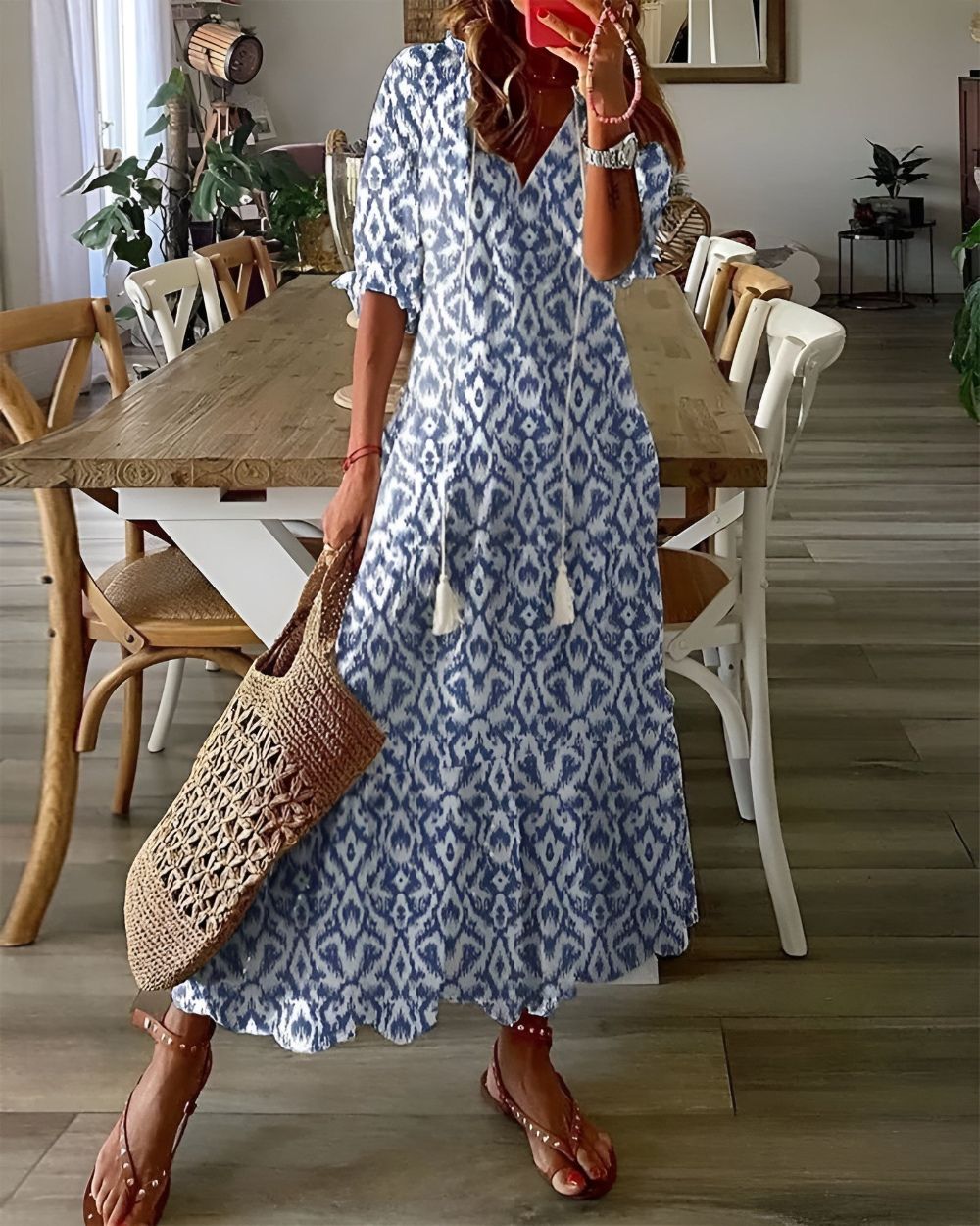 Women's Boho Printed V Neck Maxi Dress, a stylish and flowy summer dress perfect for beach and vacation.