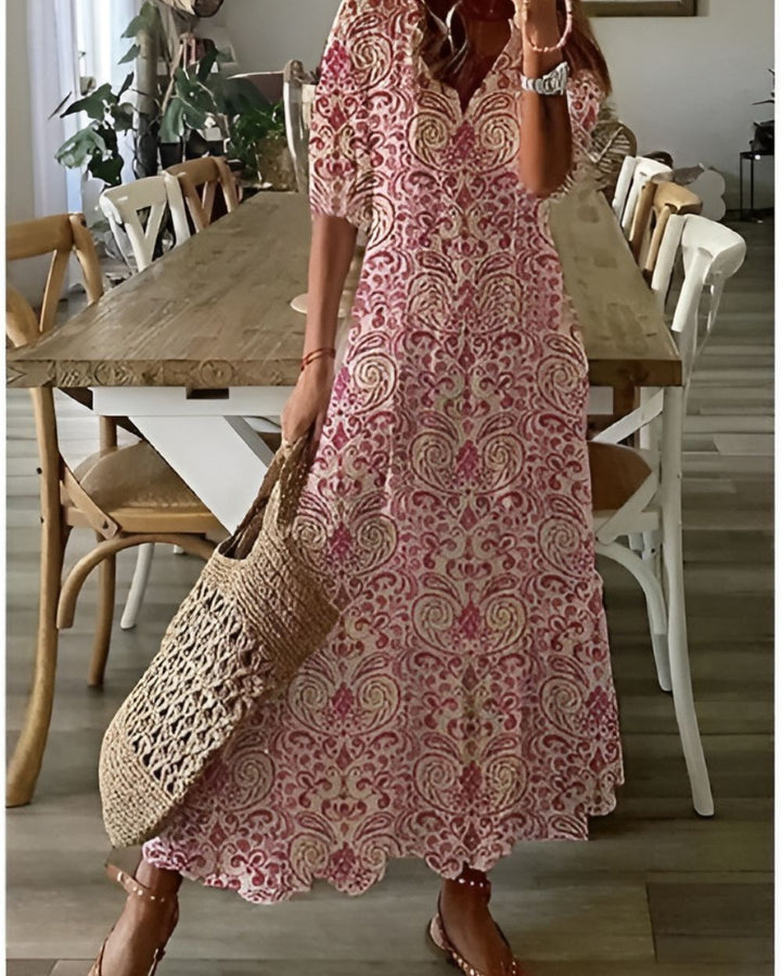 Stylish women's boho printed v-neck maxi dress, a must-have vacation dress for a relaxed summer vibe.