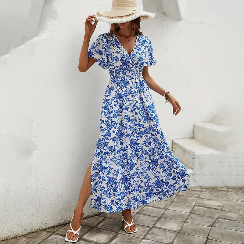 Women's boho printed V-neck short sleeve maxi dress, perfect for summer vacations & beach days.