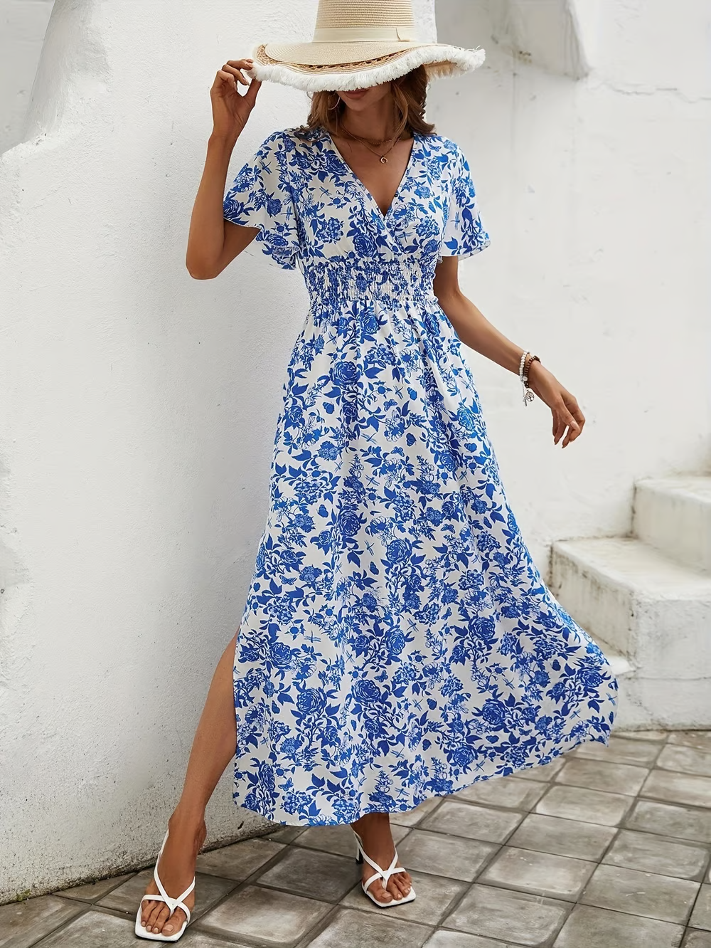 Lightweight women's boho printed V-neck short sleeve maxi dress, a breezy choice for summer and travel.
