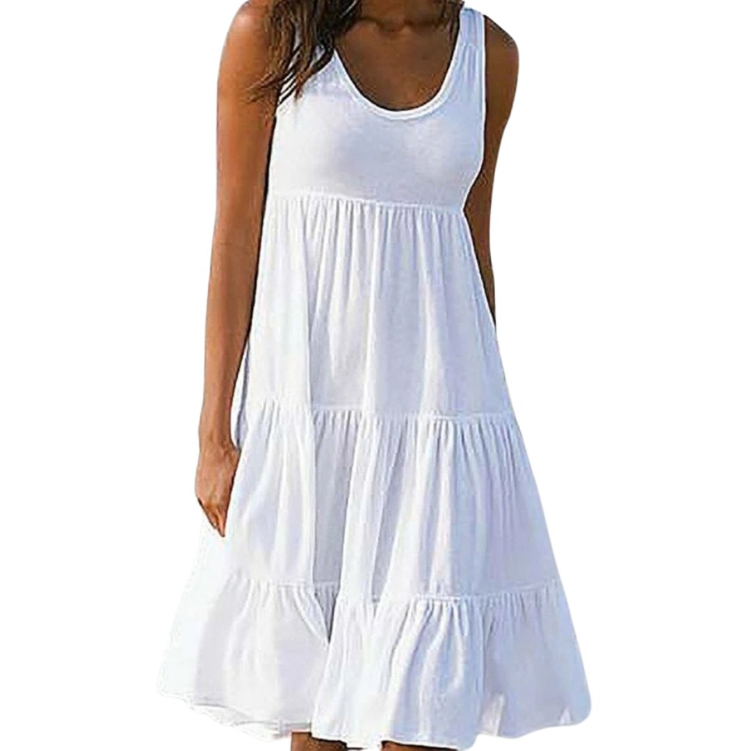 Women's boho sleeveless tiered midi dress with scoop neck, perfect for summer casual chic style or beach vacations.