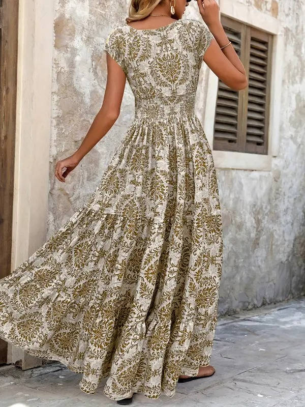 Printed relaxed fit women's tiered boho maxi dress, smocked bodice, V-neck, a stylish summer option.