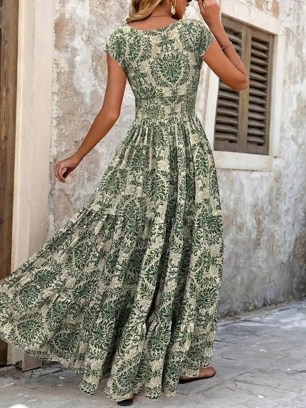 Versatile women's boho smocked tiered maxi dress, V-neck, cap sleeves, suitable for casual or elegant occasions.