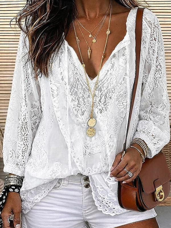 Stylish women's lace kimono cardigan. Feminine V-neck design, a lightweight & effortless boho blouse for warm weather.