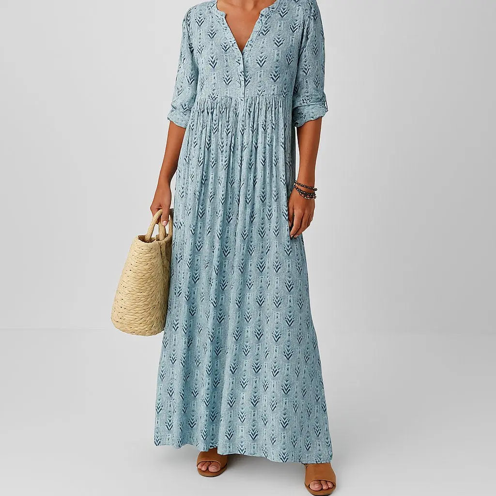 Women's boho V-neck maxi dress with adjustable roll-up sleeves. Perfect for summer, spring, and vacation.