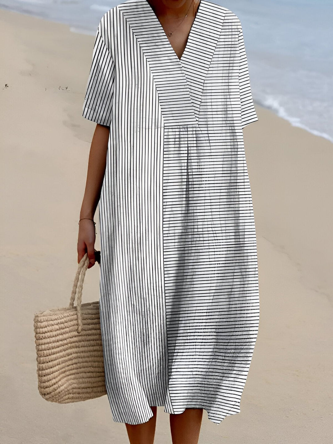 Women's Boho V-Neck Relaxed-Fit Striped Midi Dress for summer fashion. Ideal casual warm weather beachwear.