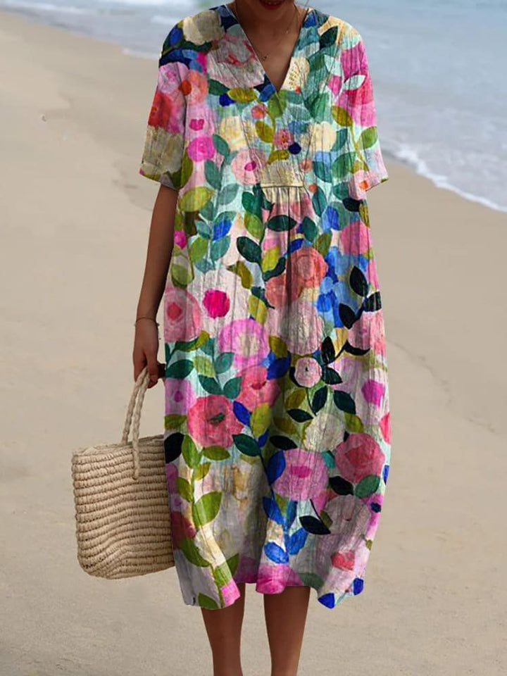 Boho striped midi dress for women with a relaxed fit and flattering V-neck, perfect for casual summer days.
