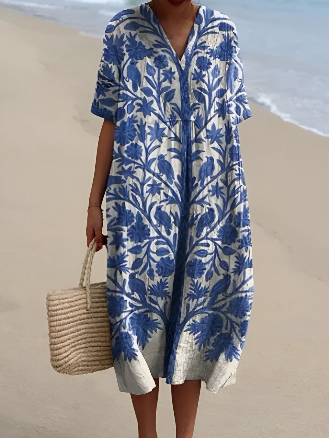 Women's casual striped Boho midi dress with a V-neck. Perfect relaxed-fit beachwear for warm summer fashion.