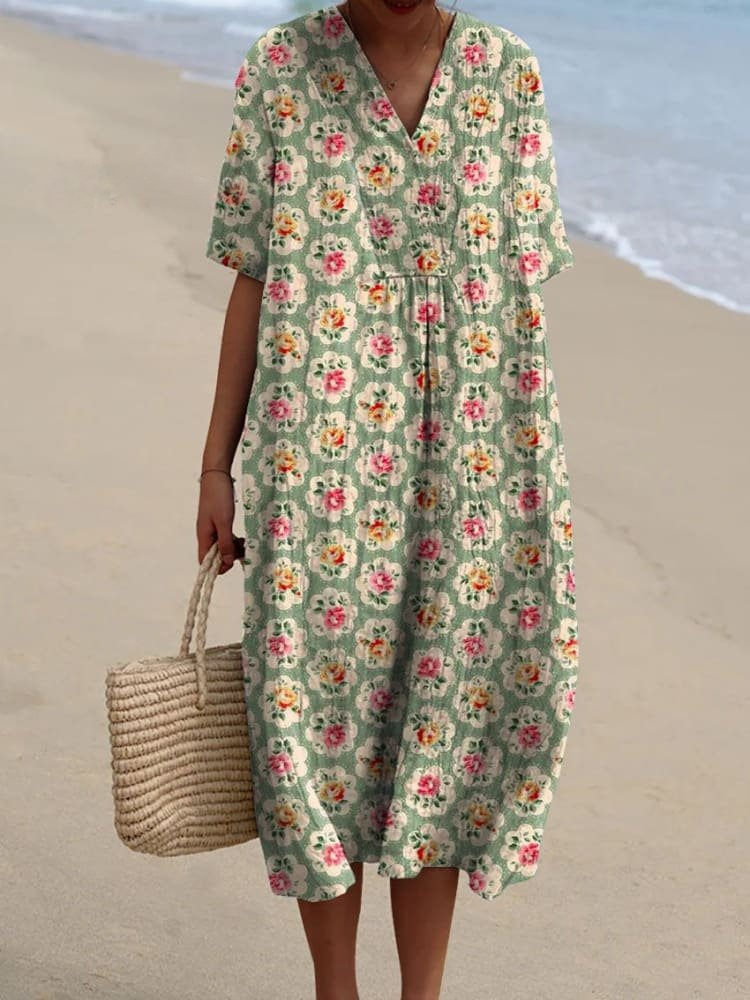 Relaxed fit striped midi dress for women, featuring a Boho V-neck design, ideal for summer beach and casual wear.