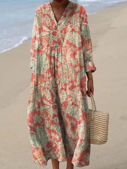 Comfortable women's Boho V-neck midi dress with stripes. Relaxed fit short sleeve, great for everyday summer fashion.