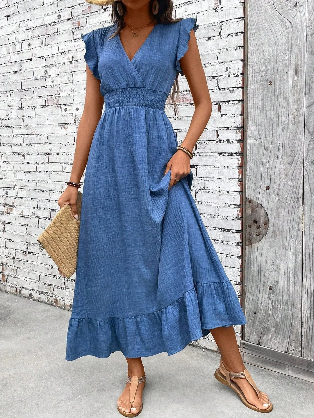 Women's Boho V-Neck Smocked Waist Maxi Dress with Ruffle Hem; flowy bohemian summer fashion.
