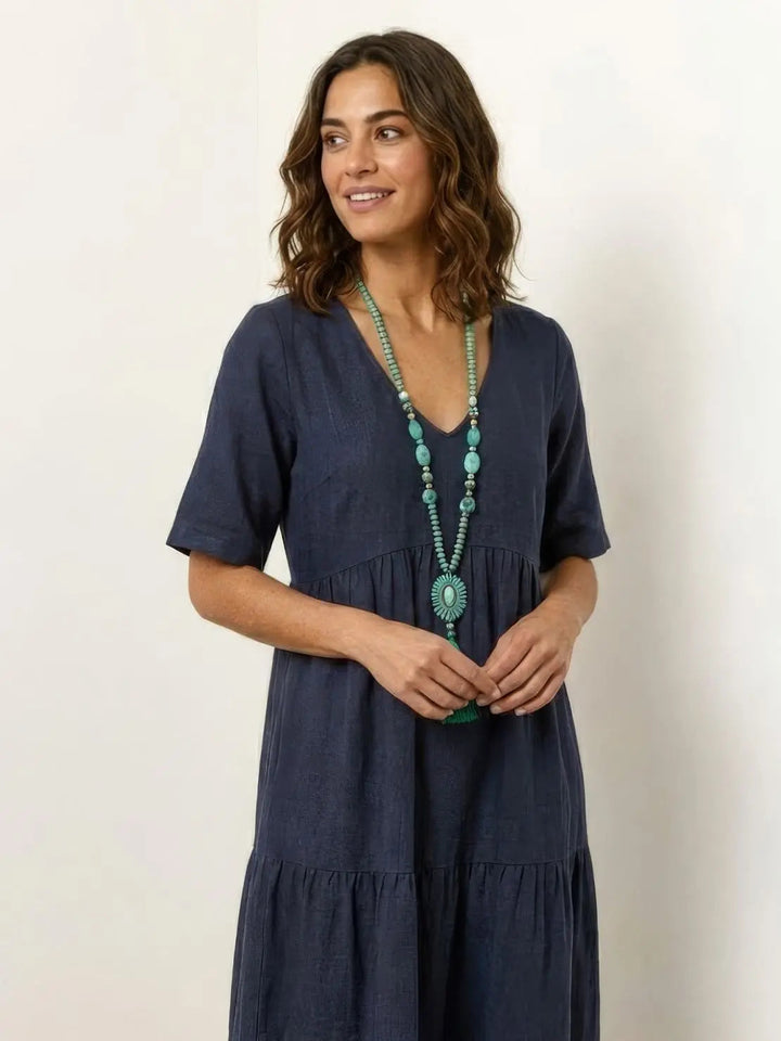 Elegant boho maxi dress for women, V-neck, short sleeves, tiered, for comfortable days.