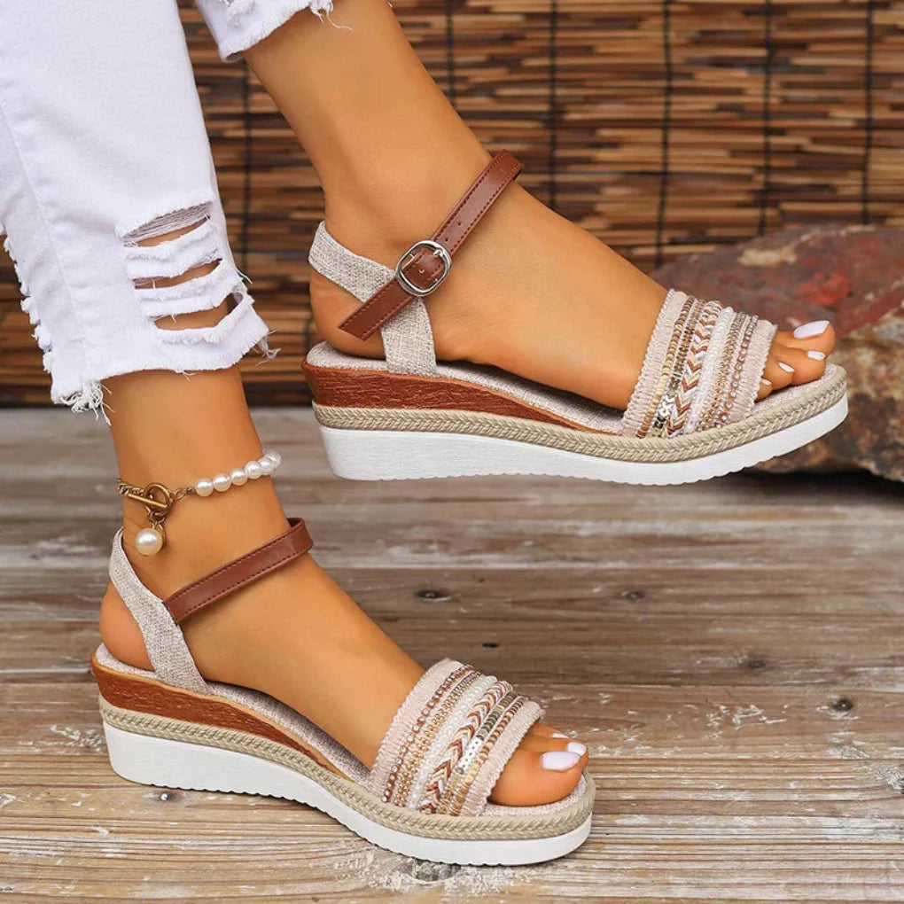 Women's boho wedge sandals, comfortable open-toe summer footwear, perfect for casual outings & vacation.