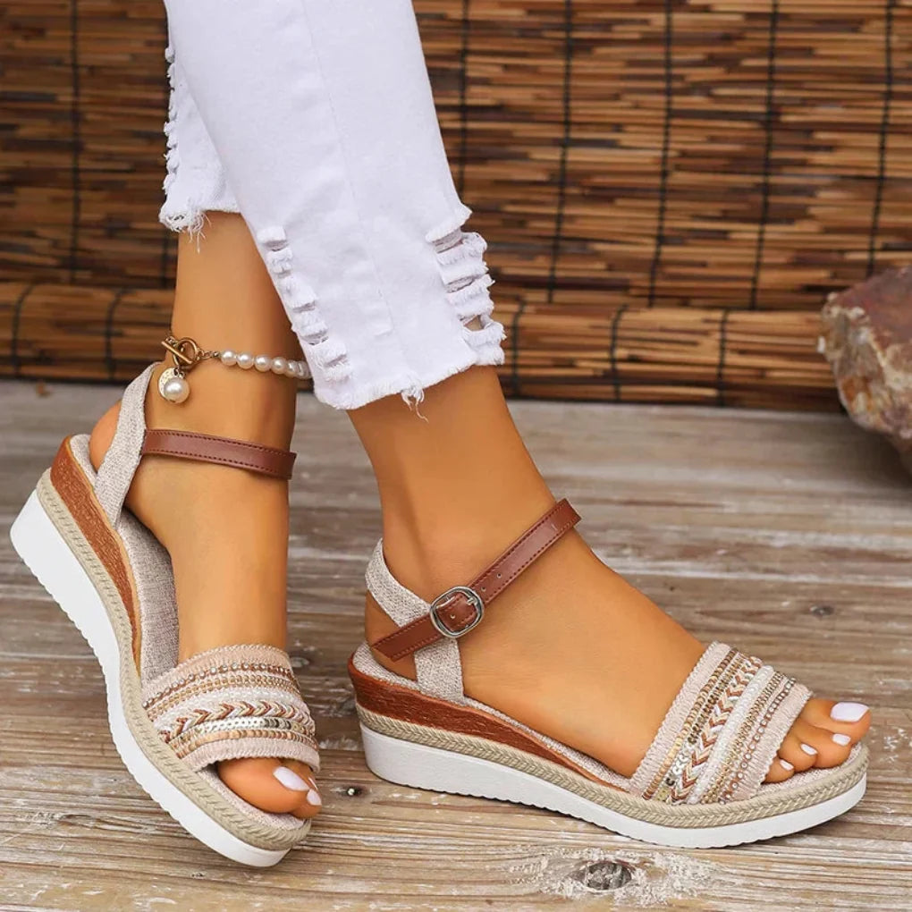 Stylish women's wedge sandals with boho design, offering comfortable casual footwear for summer fashion.