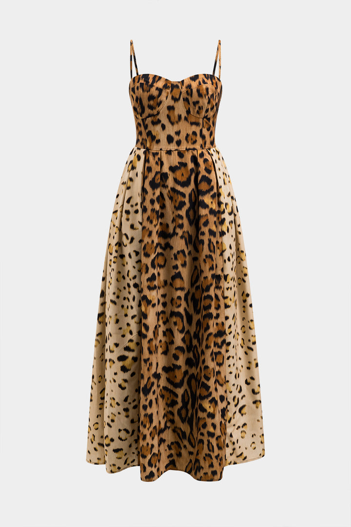 Women's bold leopard print corset midi dress, perfect for evening parties and chic events.