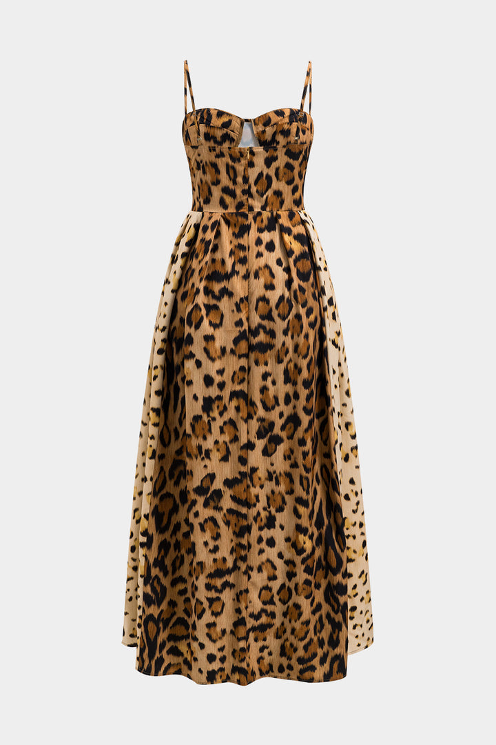 Elegant women's leopard print midi dress with a stylish corset, ideal for statement party wear.