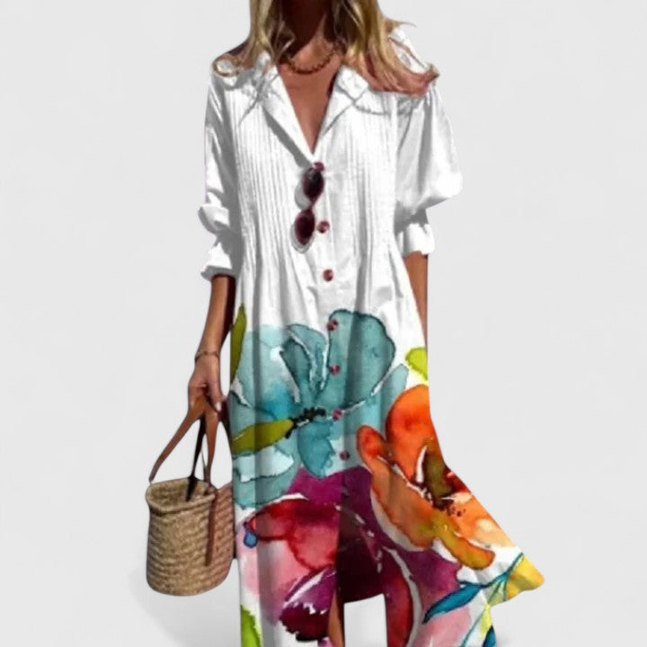 Women's botanical print midi dress with button-front, perfect for elegant summer casual wear.