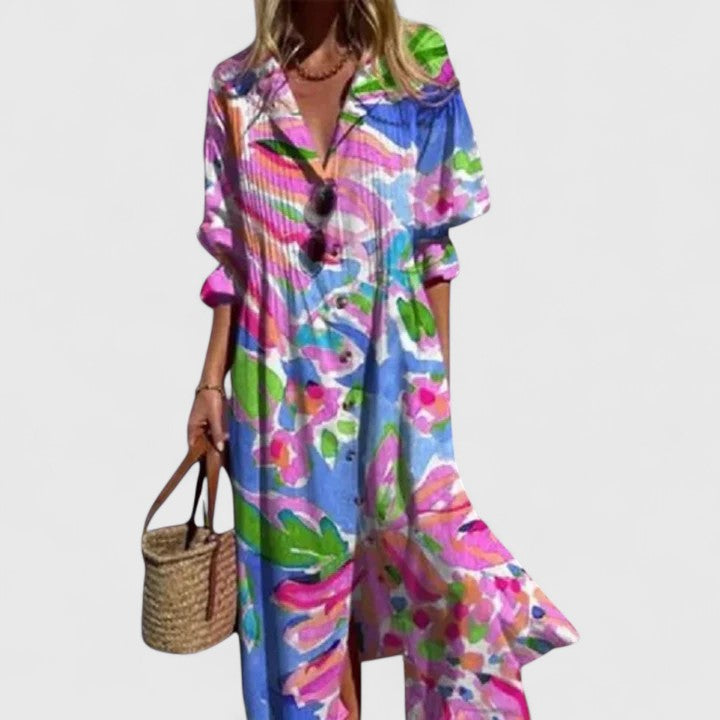 Relaxed fit women's printed midi dress with full button-front, ideal for effortless summer style.