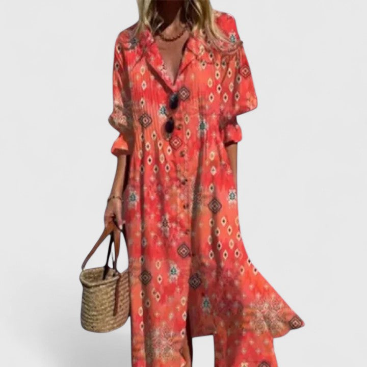Elegant women's button-front midi dress with a beautiful botanical print for casual summer fashion.