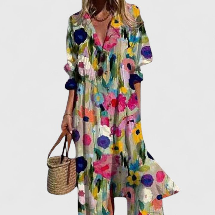 Stylish women's midi dress with botanical print, front buttons, perfect for casual or elegant occasions.