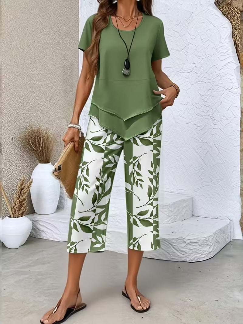 Women's botanical print two-piece summer set, perfect for comfortable casual & relaxed outfits.
