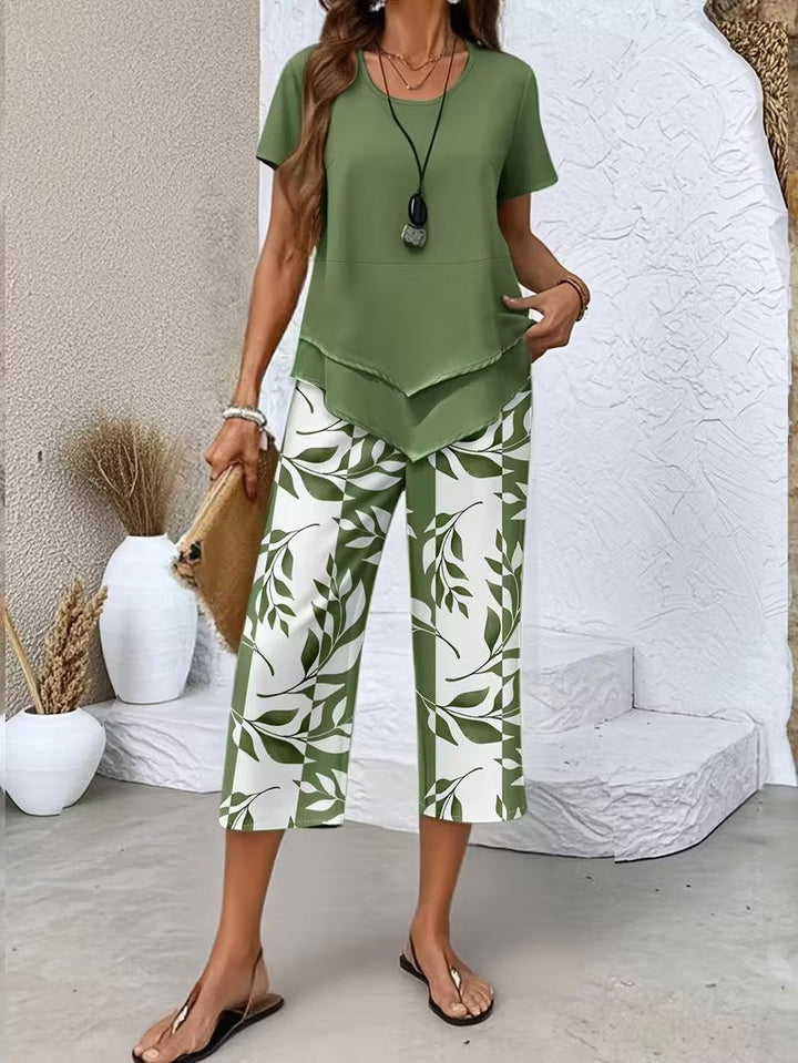 Women's botanical print two-piece summer set, perfect for comfortable casual & relaxed outfits.
