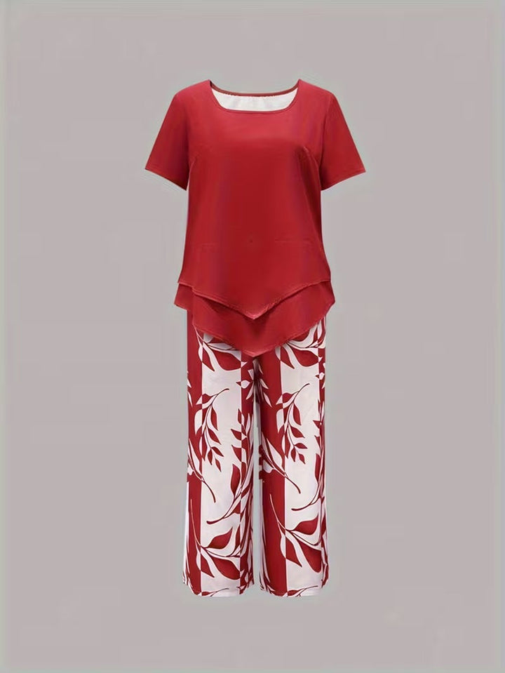 Woman wearing a comfortable botanical print two-piece set, enjoying a relaxed summer day.