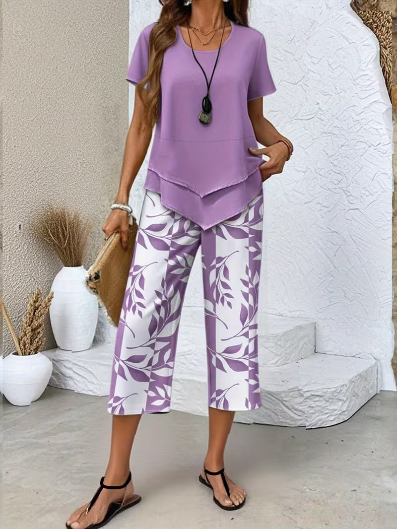 Purple botanical print women's two-piece summer set, a stylish casual outfit for everyday wear.