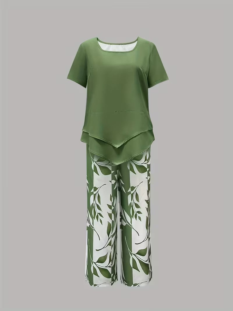 Red botanical print women's two-piece summer set, a stylish casual outfit for everyday wear.