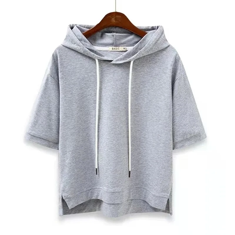 Women's boxy fit short sleeve hoodie in breathable cotton blend, perfect for relaxed casual wear & spring fashion.