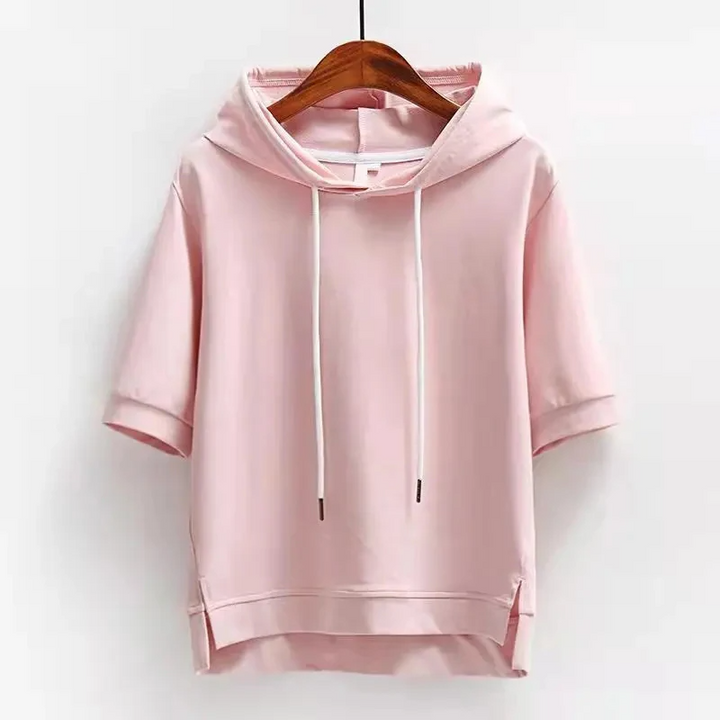 Ladies' short sleeve hoodie with a modern boxy fit, ideal for effortless spring & summer style or layering.