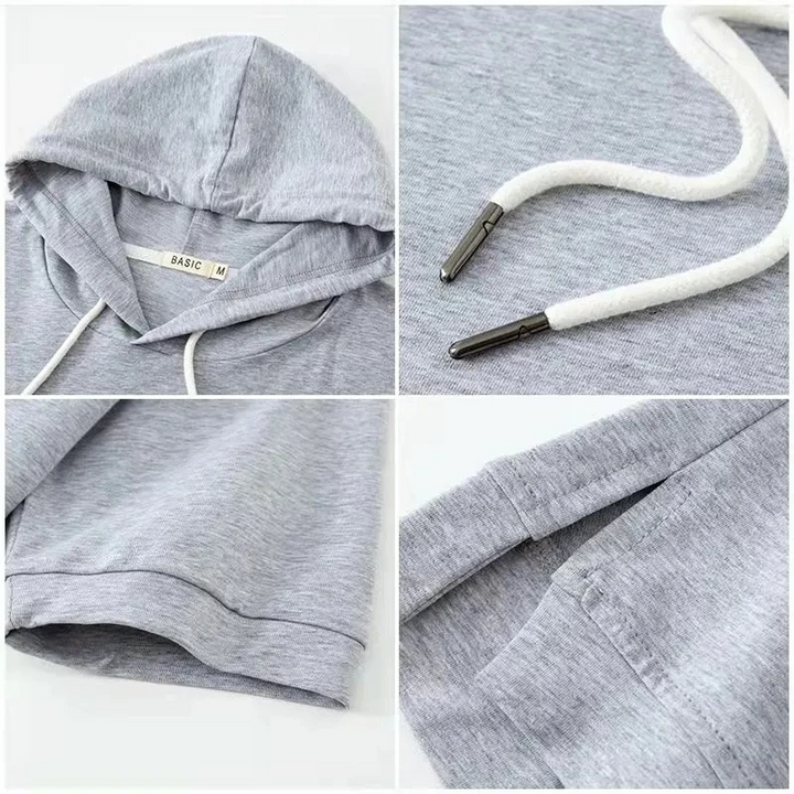 Breathable cotton blend women's boxy fit short sleeve hoodie, offering relaxed comfort for summer and spring.