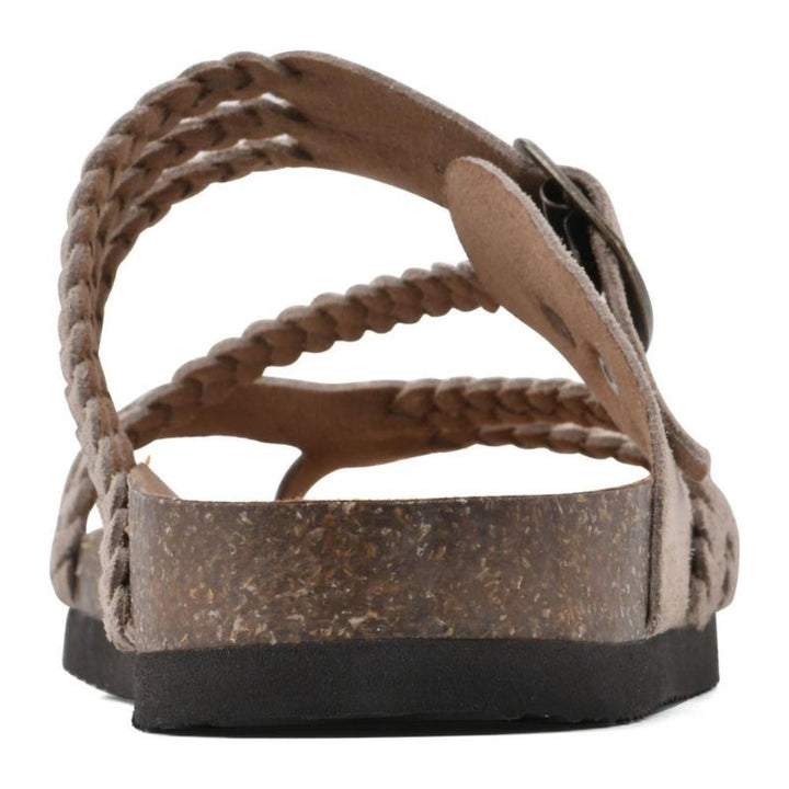 Stylish women's braided toe-loop sandals with an elegant buckle. Comfortable casual summer footwear.