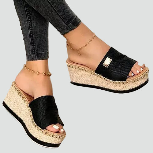 Stylish women's braided platform wedge slide sandals. Open toe summer footwear for casual, comfortable holiday & everyday wear.