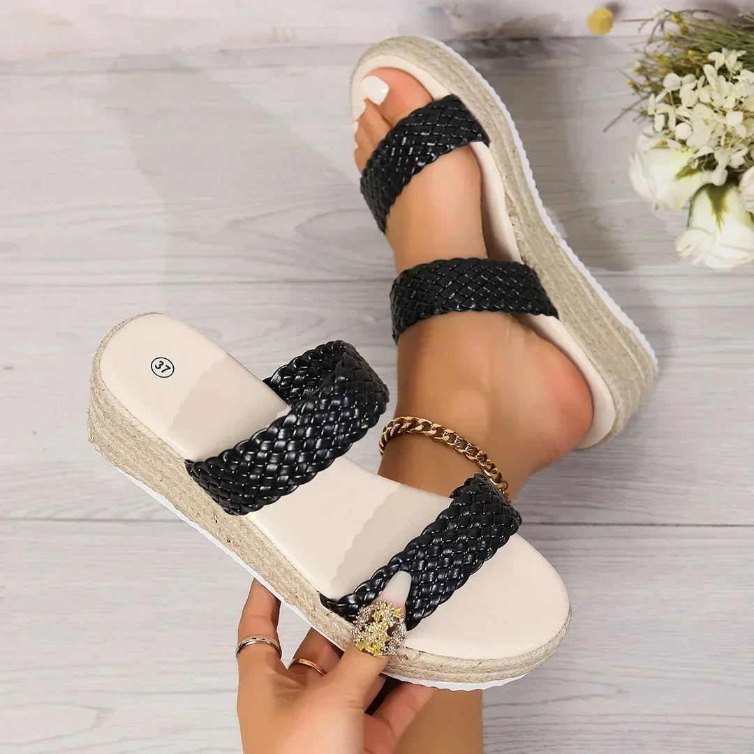 Women's cushioned wedge sandals, braided slip-on style, providing ultimate comfort.