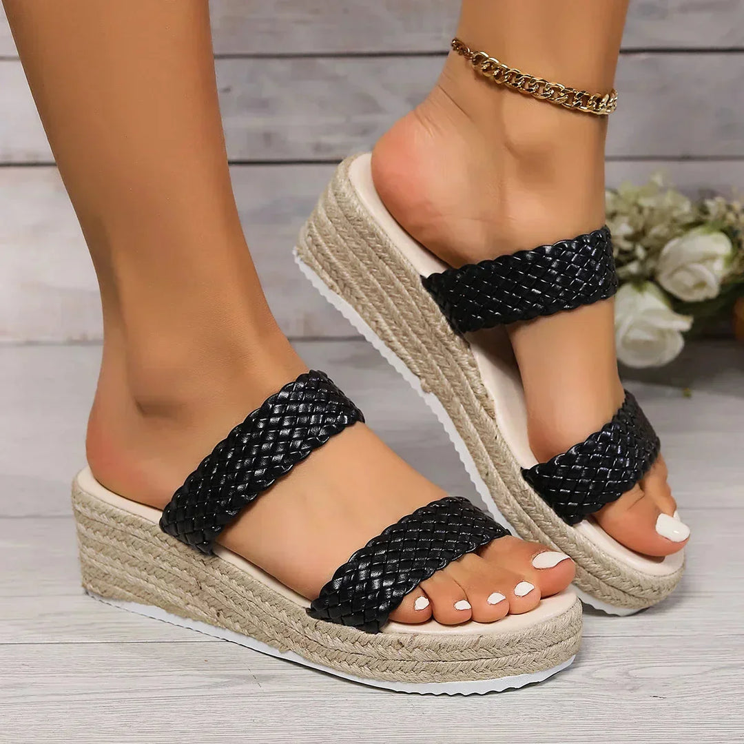 Slip-on platform sandals, women's braided design, cushioned for all-day comfort.