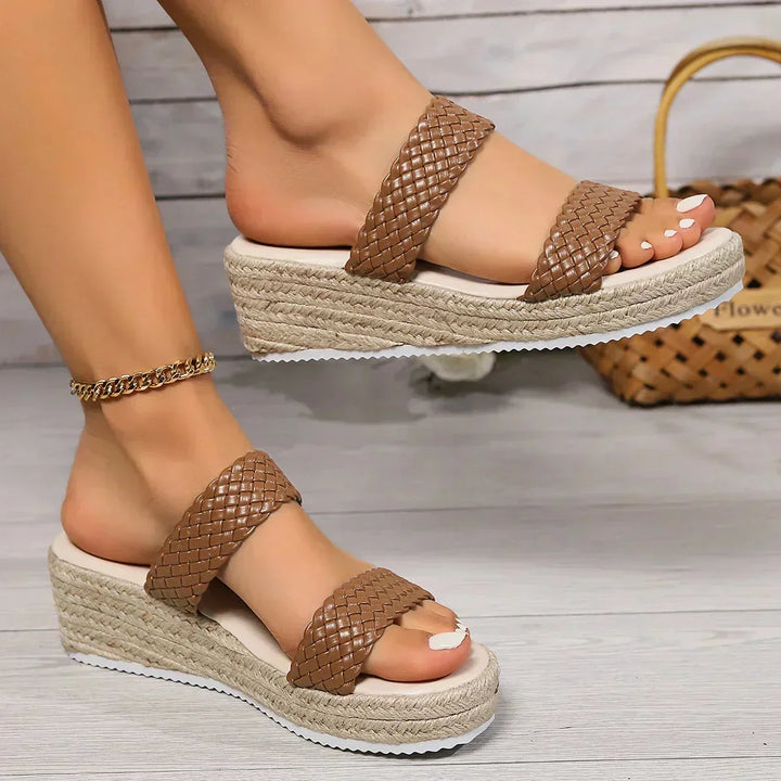 Elegant women's summer footwear: braided wedge espadrille platform sandals.